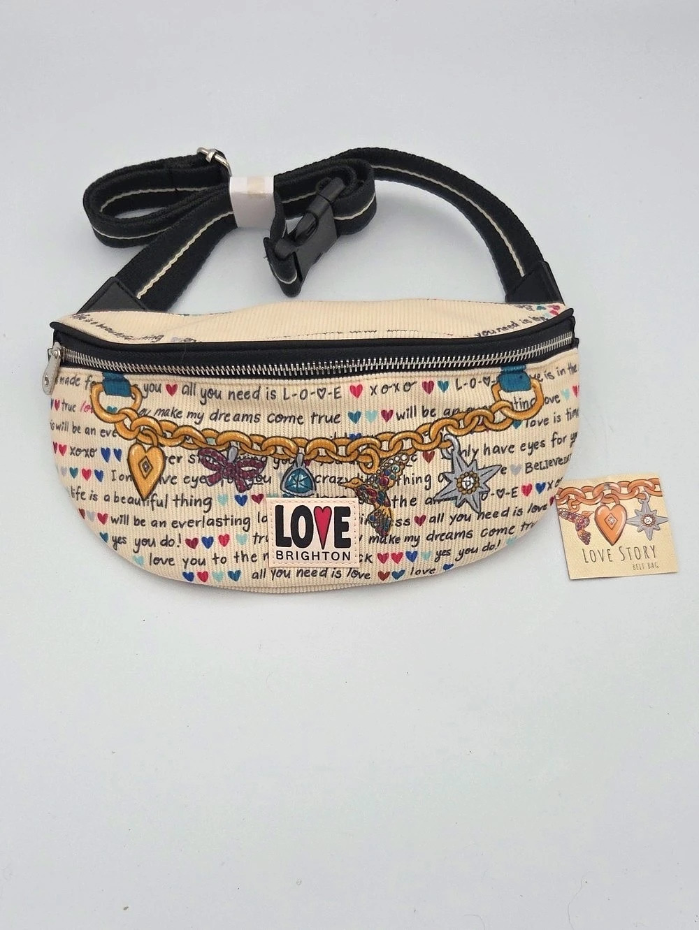 Brighton Love Story Belt Bag Love Print Belt Bag in Cream & Black NWT